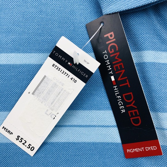 Y2K Tommy Hilfiger Polo Shirt Mens LARGE Blue Colorblock Stripe Flag Loop Collar - Picture 10 of 16